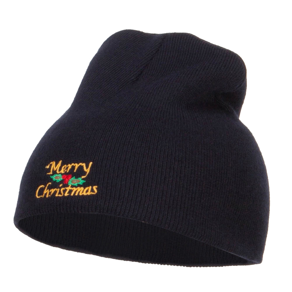 Merry Christmas Mistletoe Embroidered Short Beanie - Navy OSFM