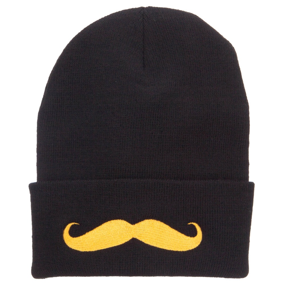 Gold Mustache Embroidered Long Knit Beanie - Black OSFM