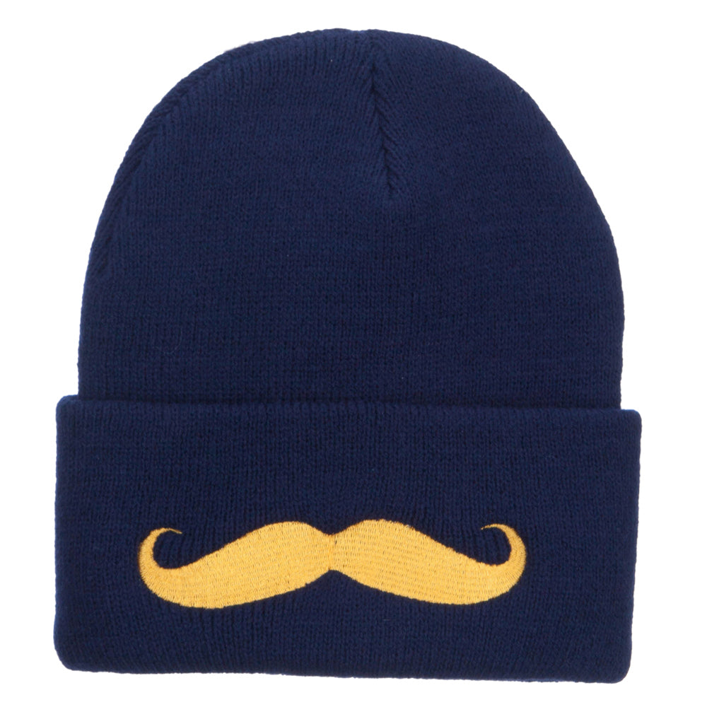 Gold Mustache Embroidered Long Knit Beanie - Navy OSFM
