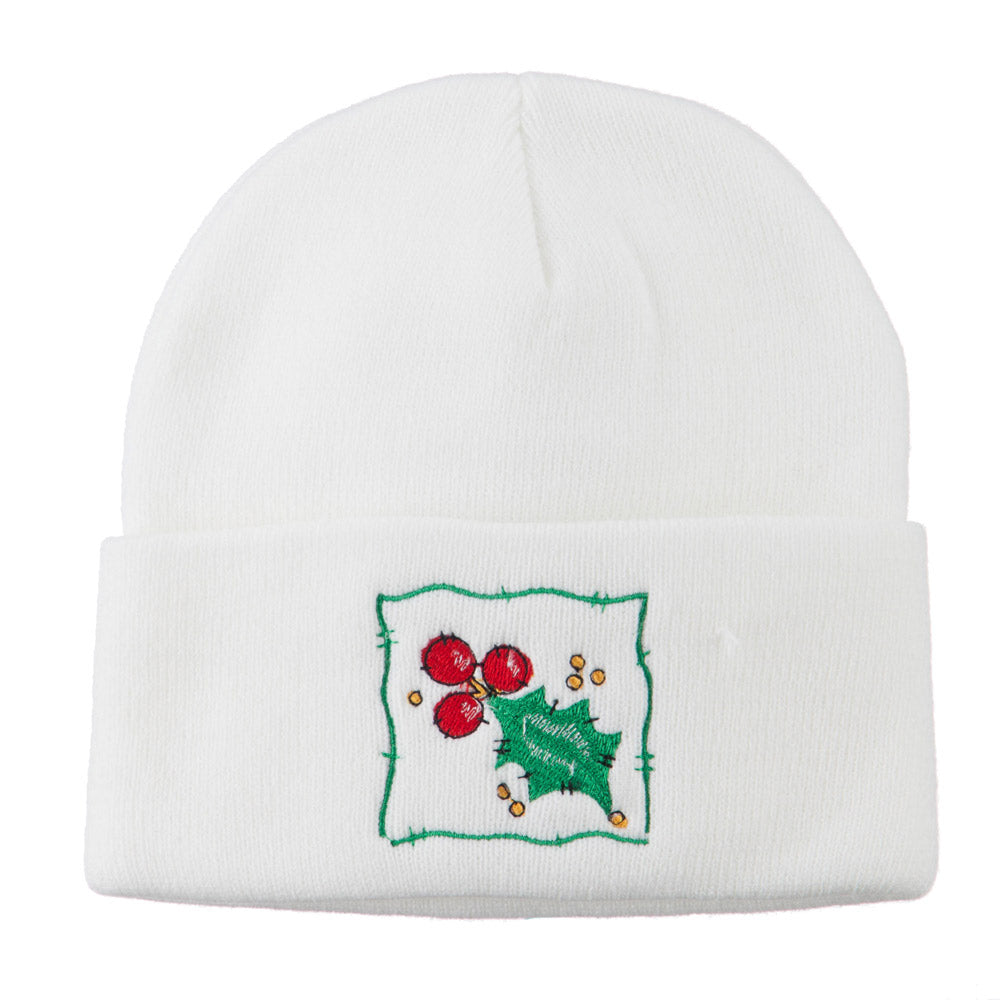 Christmas Mistletoe with Frame Embroidered Beanie - White OSFM