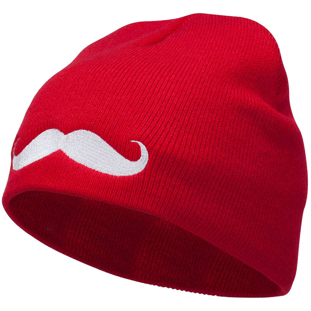 Mustache Embroidered Short Beanie - Red OSFM
