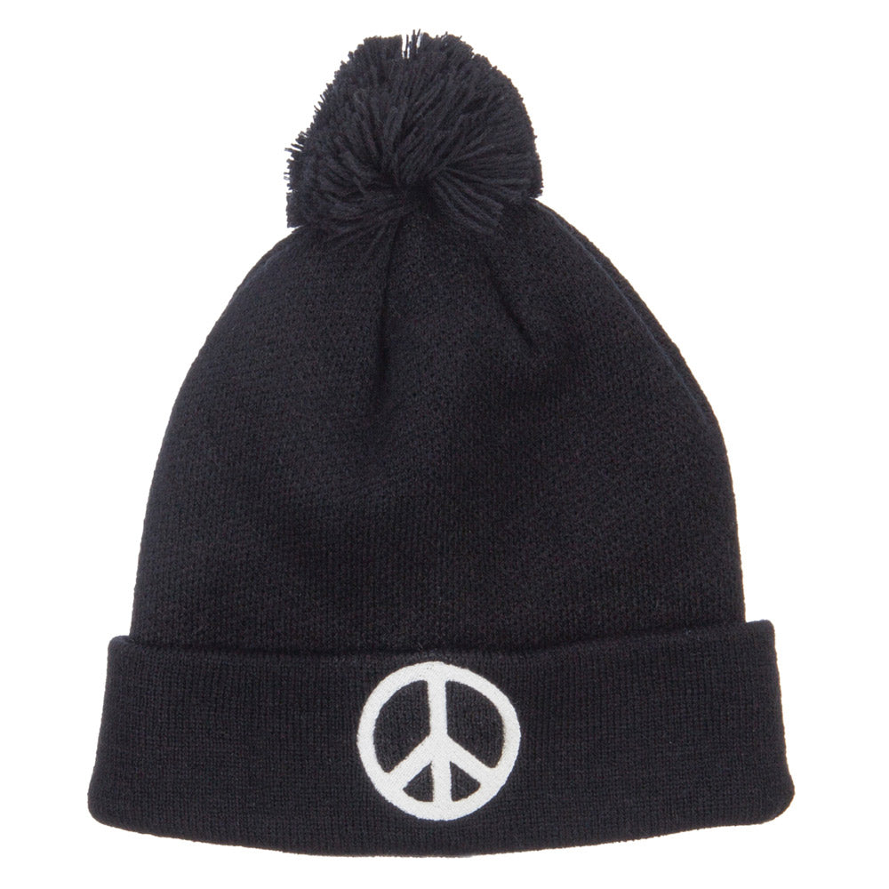 Peace Symbol Embroidered Pom Cuff Beanie - Black OSFM