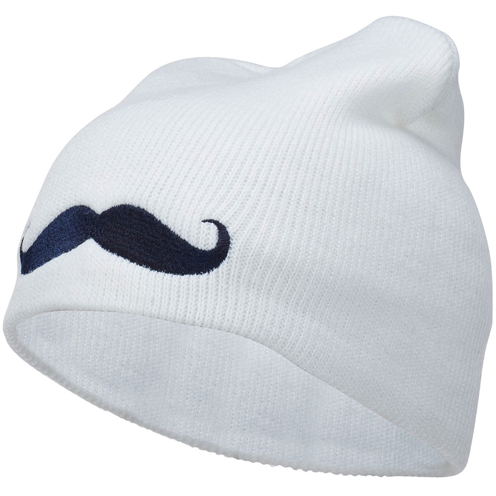 Mustache Embroidered Short Beanie - White OSFM