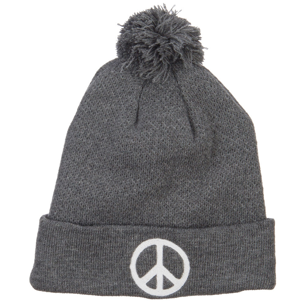 Peace Symbol Embroidered Pom Cuff Beanie - Grey OSFM