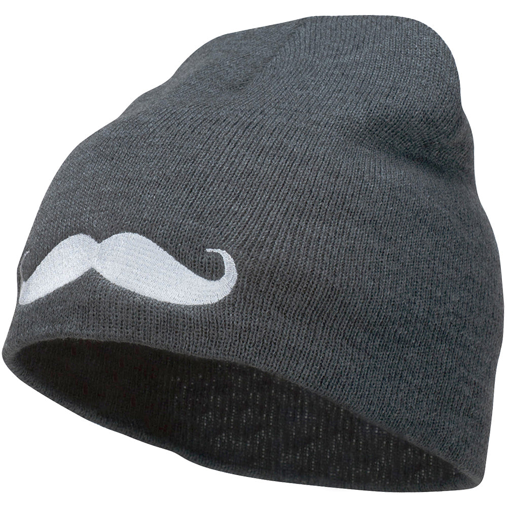Mustache Embroidered Short Beanie - Dk Grey OSFM