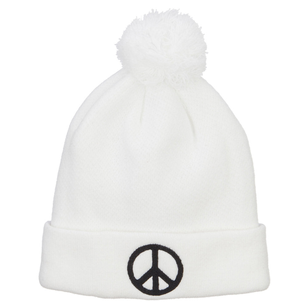 Peace Symbol Embroidered Pom Cuff Beanie - White OSFM