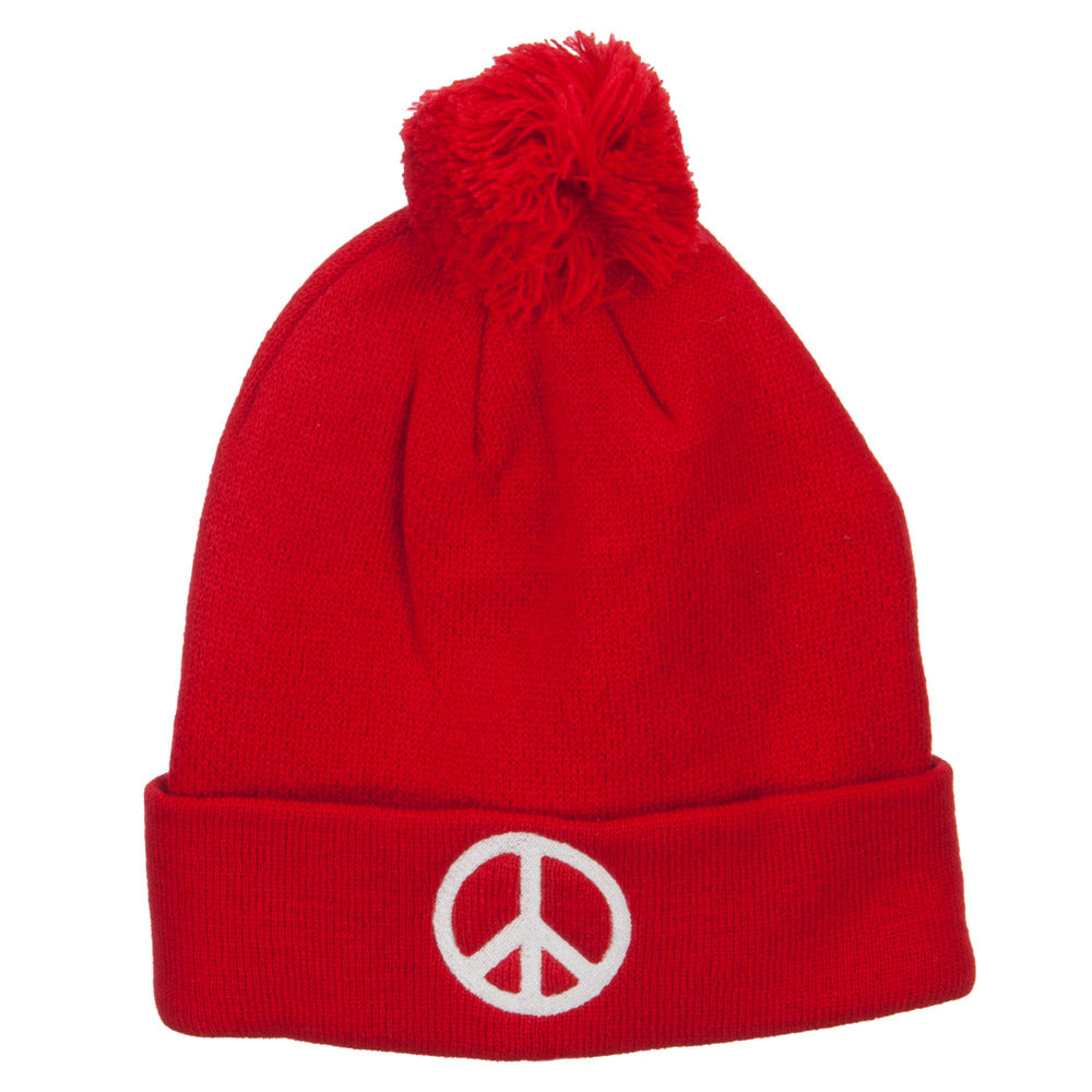 Peace Symbol Embroidered Pom Cuff Beanie - Red OSFM