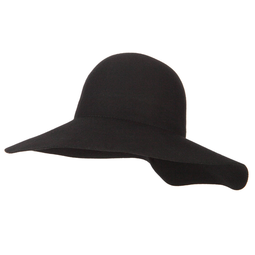 Women&#039;s Wool Felt Folded Crown Double Balled Pin Accented Wide Brim Hat - Black OSFM