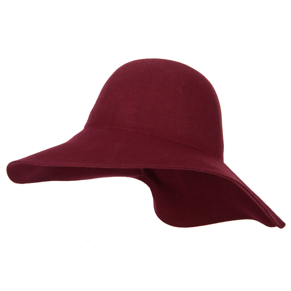 Women&#039;s Wool Felt Folded Crown Double Balled Pin Accented Wide Brim Hat - Burgundy OSFM