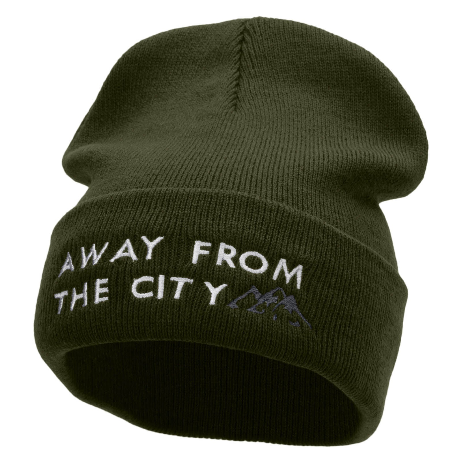 Away From The City Embroidered 12 Inch Long Knitted Beanie - Olive OSFM