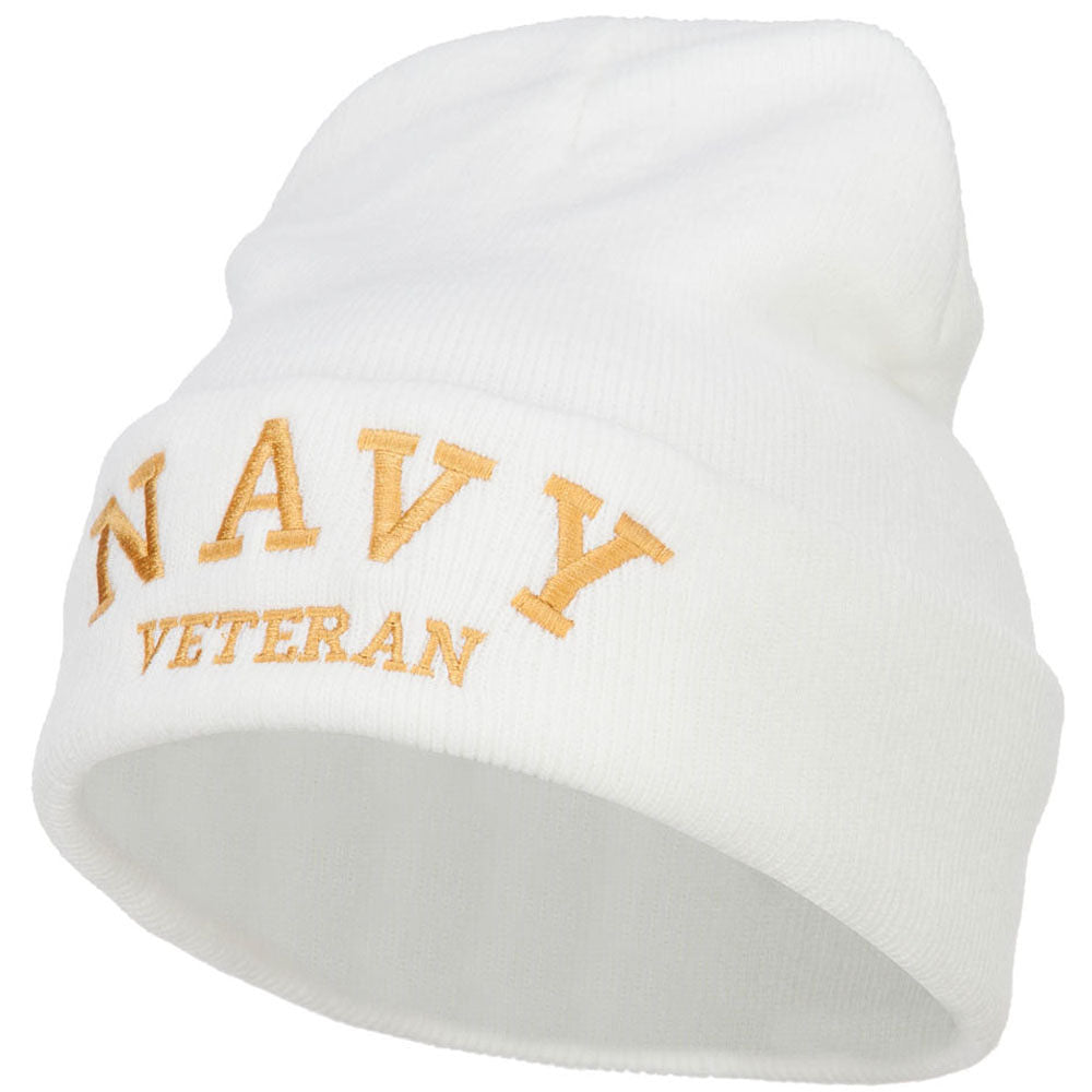 Navy Veteran Letters Embroidered Long Beanie - White OSFM