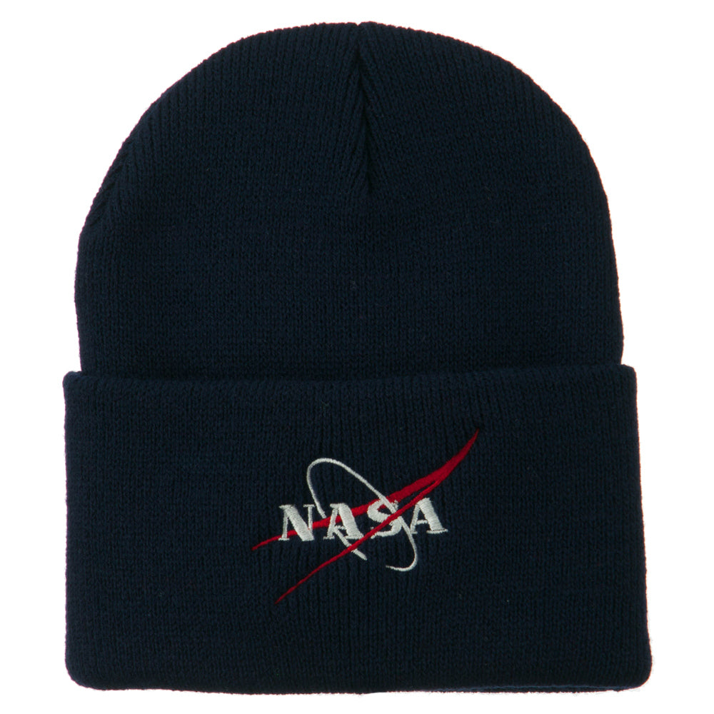 NASA Logo Embroidered Long Knit Beanie - Navy OSFM