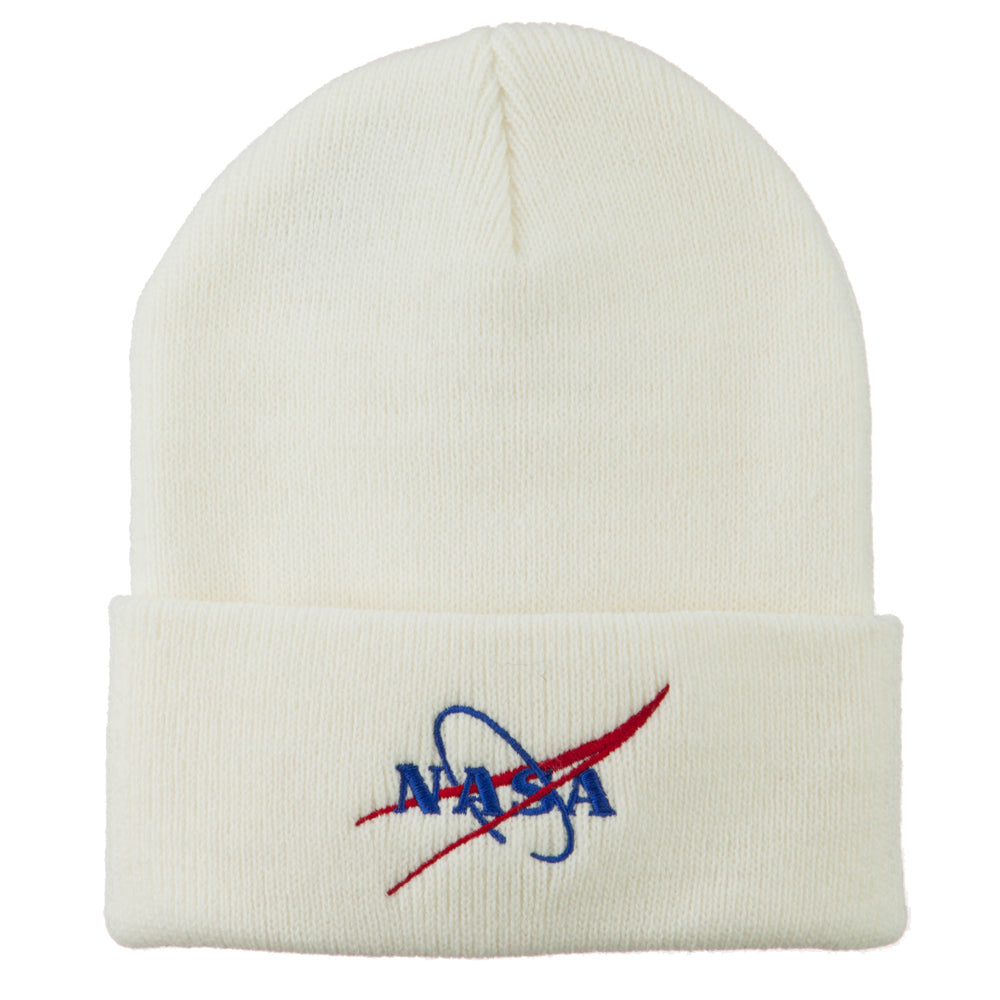 NASA Logo Embroidered Long Knit Beanie - White OSFM