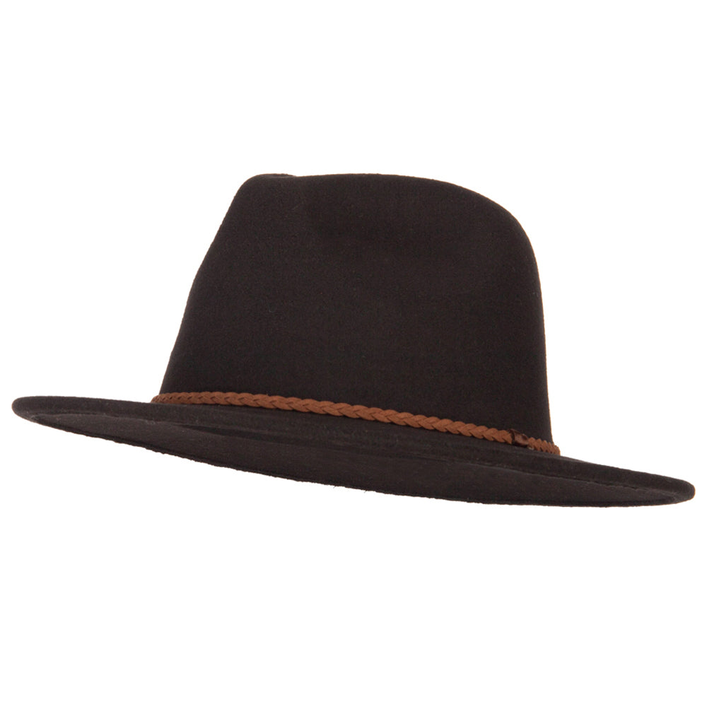 Unisex Braid Leatherette Band Trim Large Brim Polyester Fedora Hat - Black M