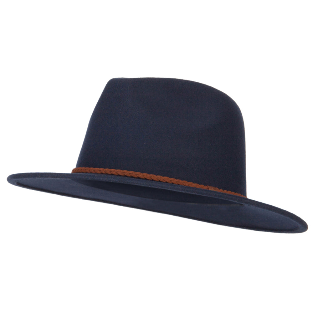 Unisex Braid Leatherette Band Trim Large Brim Polyester Fedora Hat - Navy M