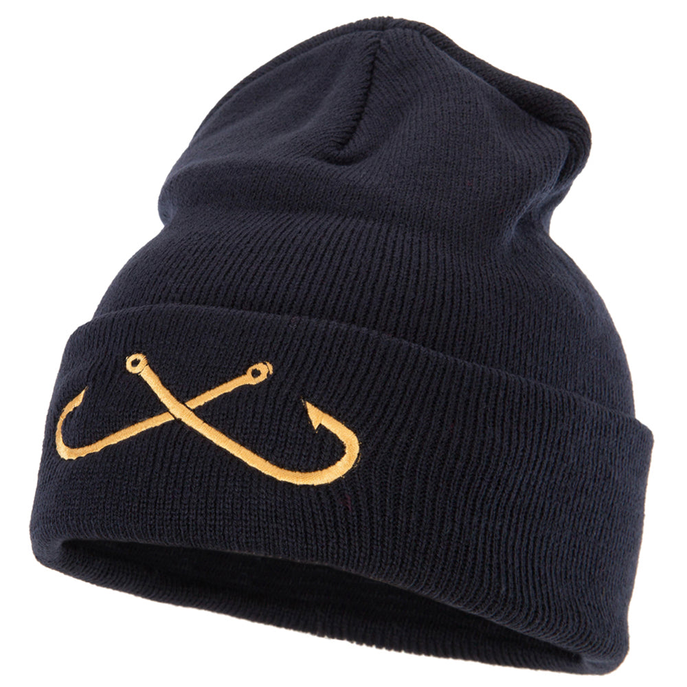 Fishing Crossed Fishhooks Embroidered 12 Inch Long Knitted Beanie - Navy OSFM