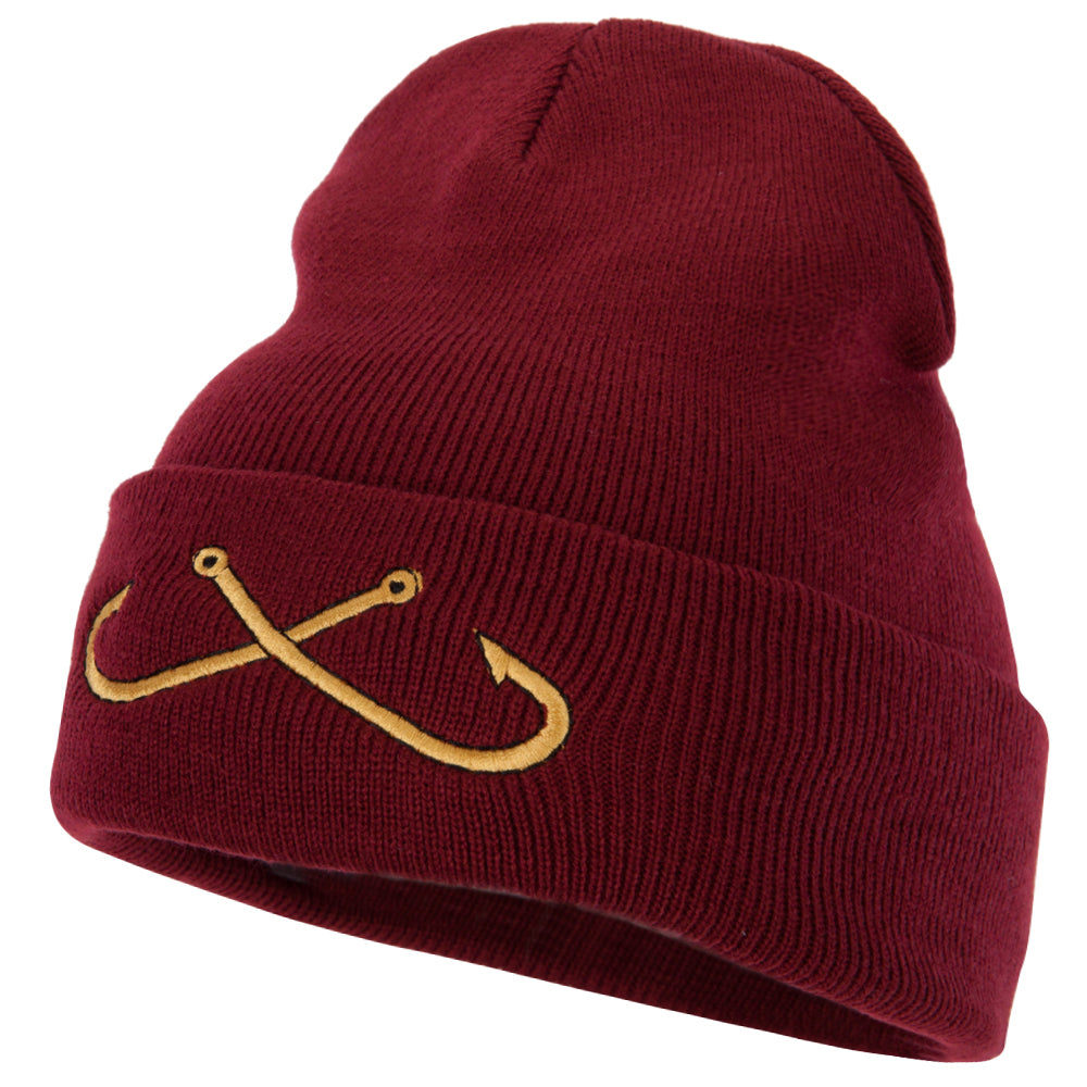 Fishing Crossed Fishhooks Embroidered 12 Inch Long Knitted Beanie - Maroon OSFM