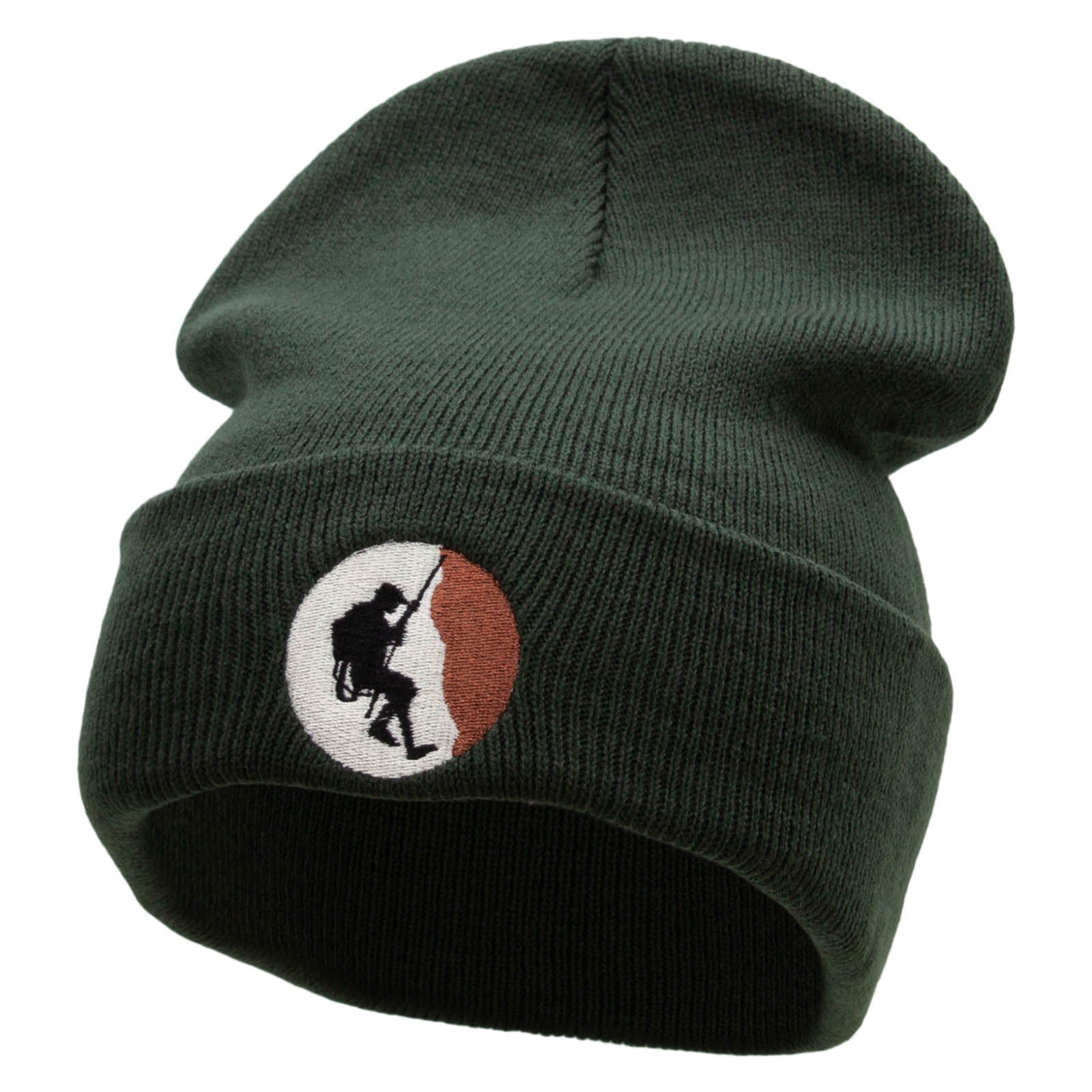 Rock Climbing Scene Embroidered 12 Inch Long Knitted Beanie - Olive OSFM