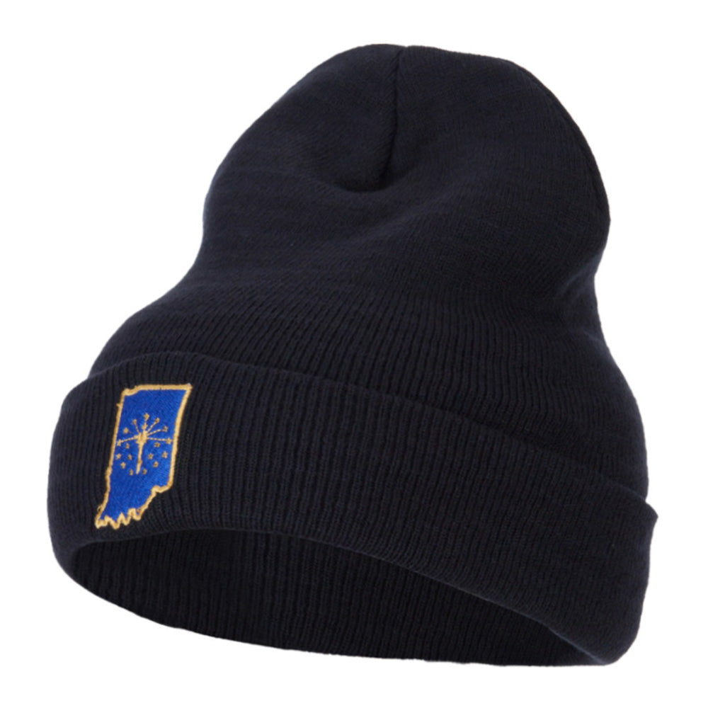 Indiana State Flag Map Embroidered Long Beanie - Navy OSFM