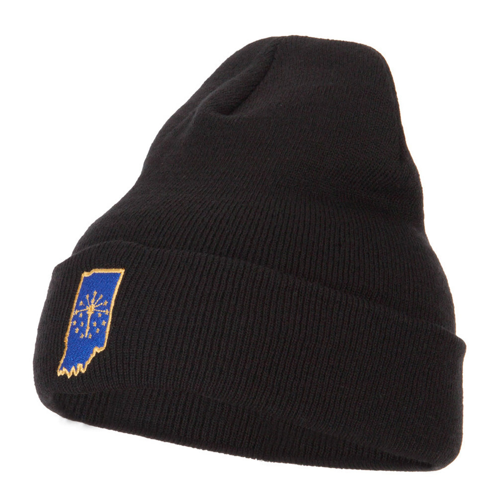 Indiana State Flag Map Embroidered Long Beanie - Black OSFM