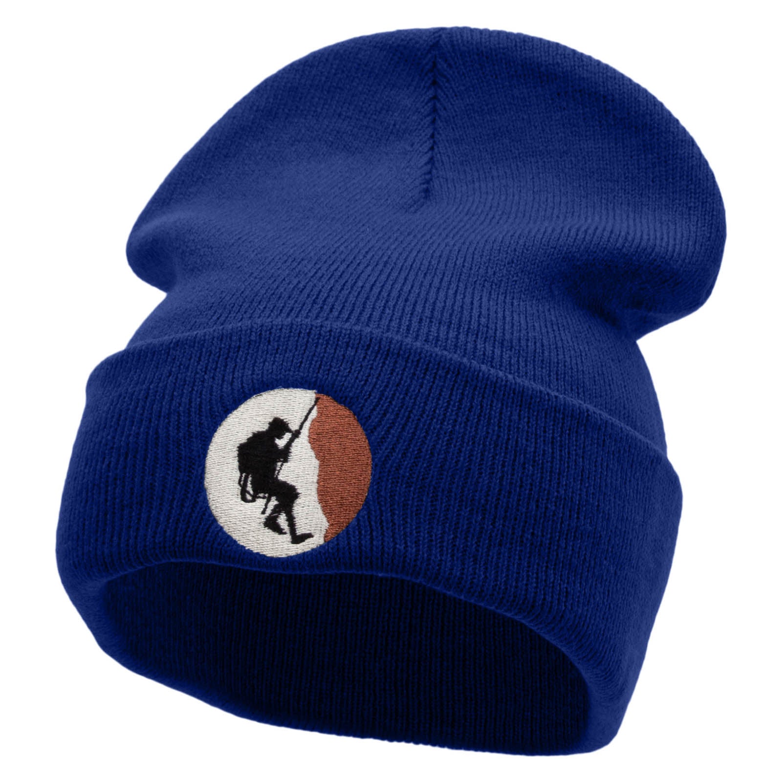 Rock Climbing Scene Embroidered 12 Inch Long Knitted Beanie - Royal OSFM