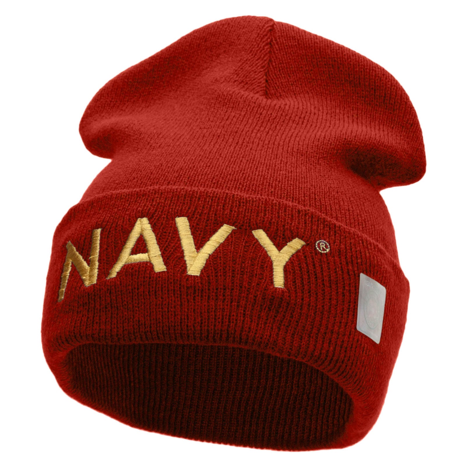 Licensed Navy Embroidered Long Knitted Beanie Made in USA - Red OSFM