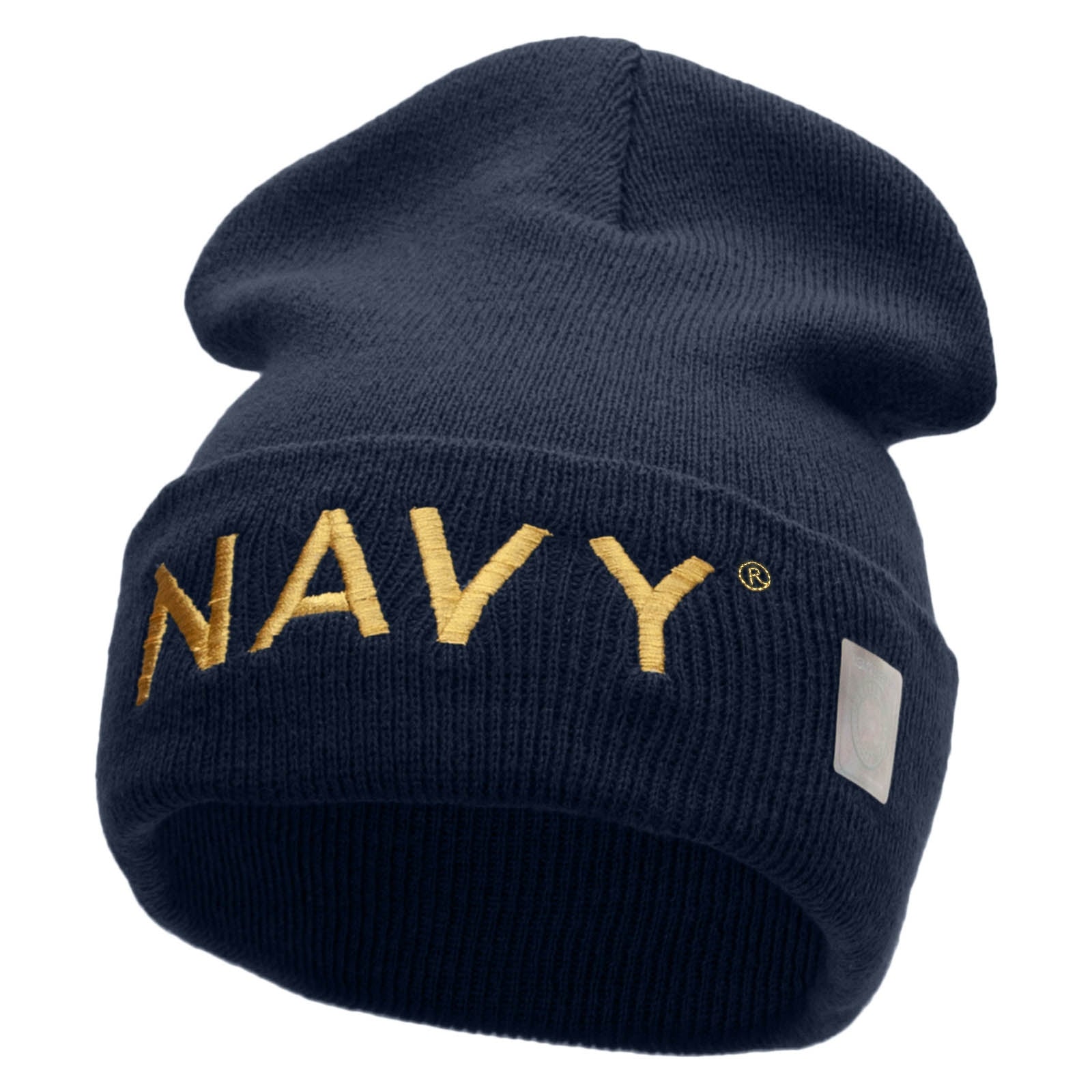 Licensed Navy Embroidered Long Knitted Beanie Made in USA - Navy OSFM