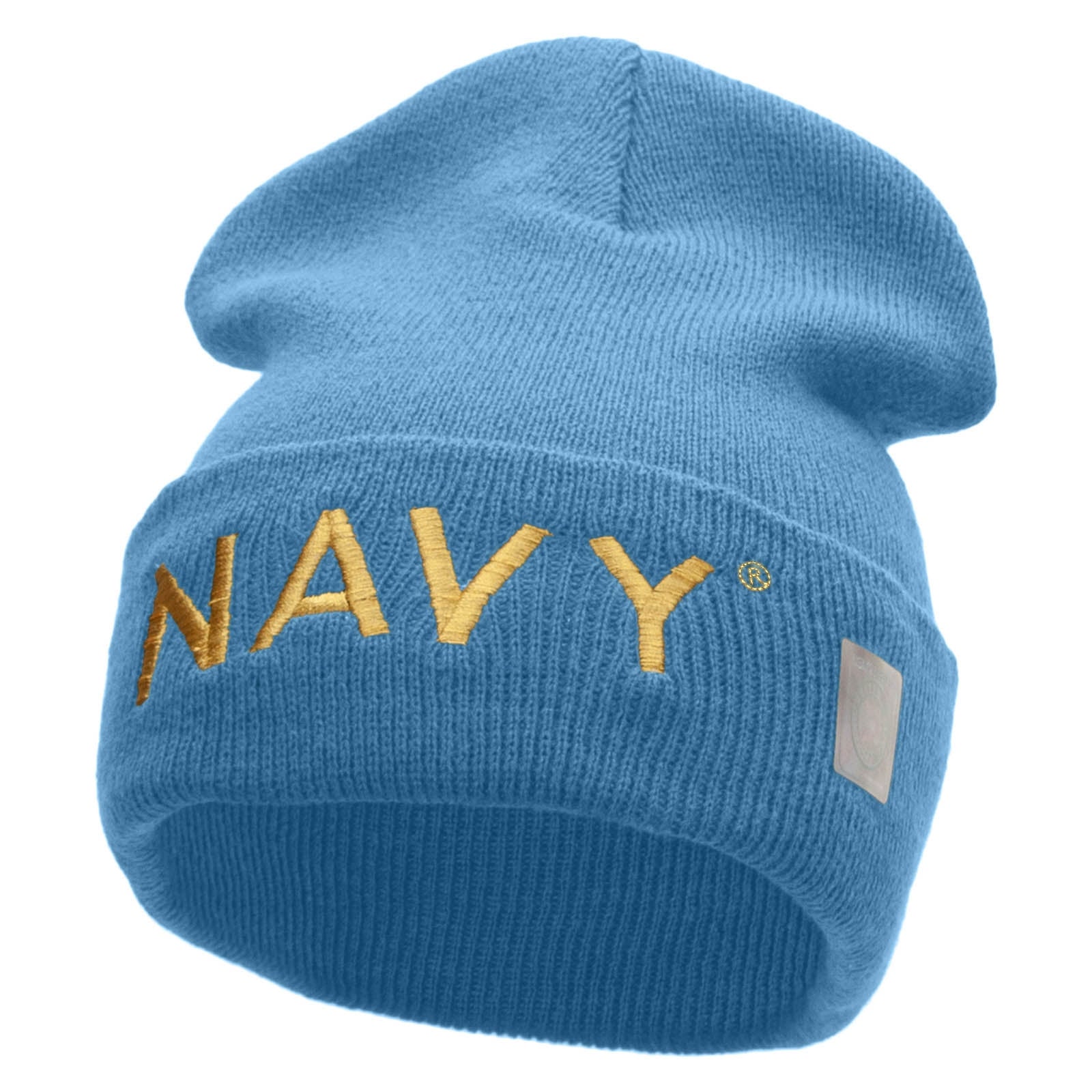 Licensed Navy Embroidered Long Knitted Beanie Made in USA - Baby Blue OSFM