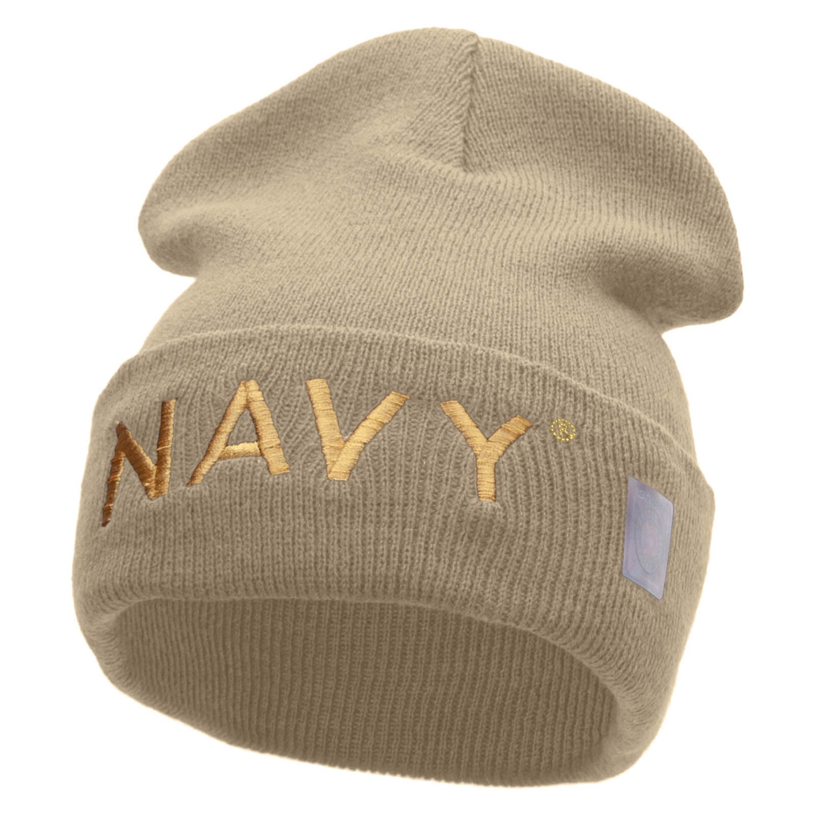 Licensed Navy Embroidered Long Knitted Beanie Made in USA - Khaki OSFM