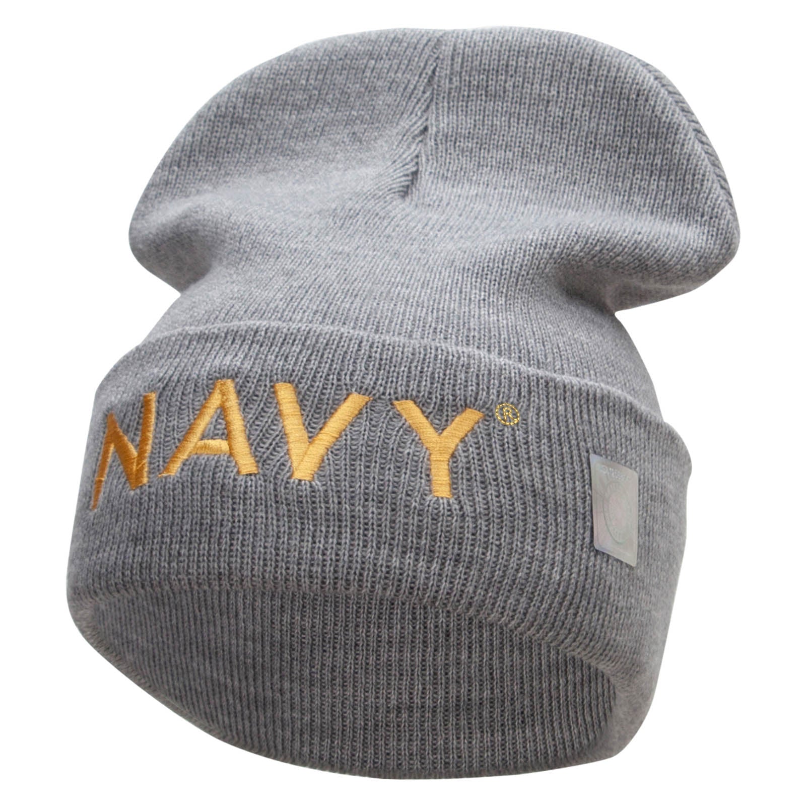 Licensed Navy Embroidered Long Knitted Beanie Made in USA - Lt Grey OSFM