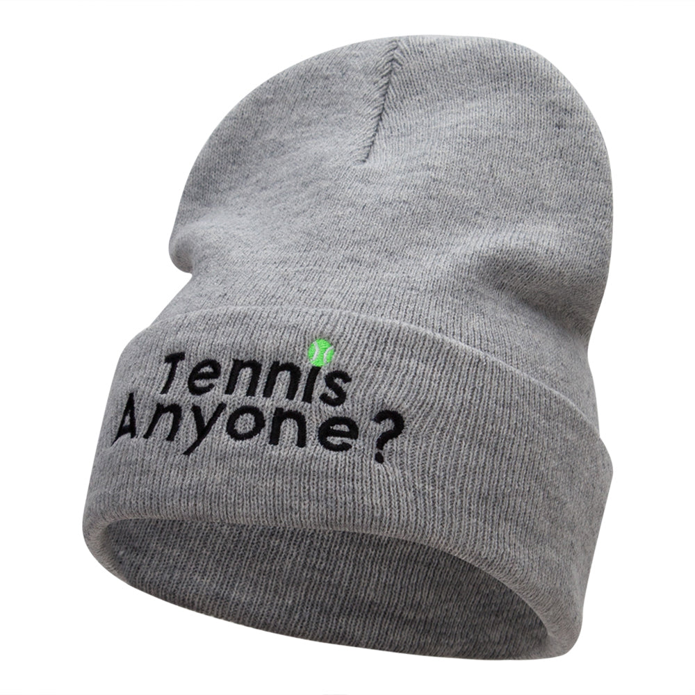 Want To Play Tennis Question Embroidered Long Knitted Beanie - Heather Grey OSFM
