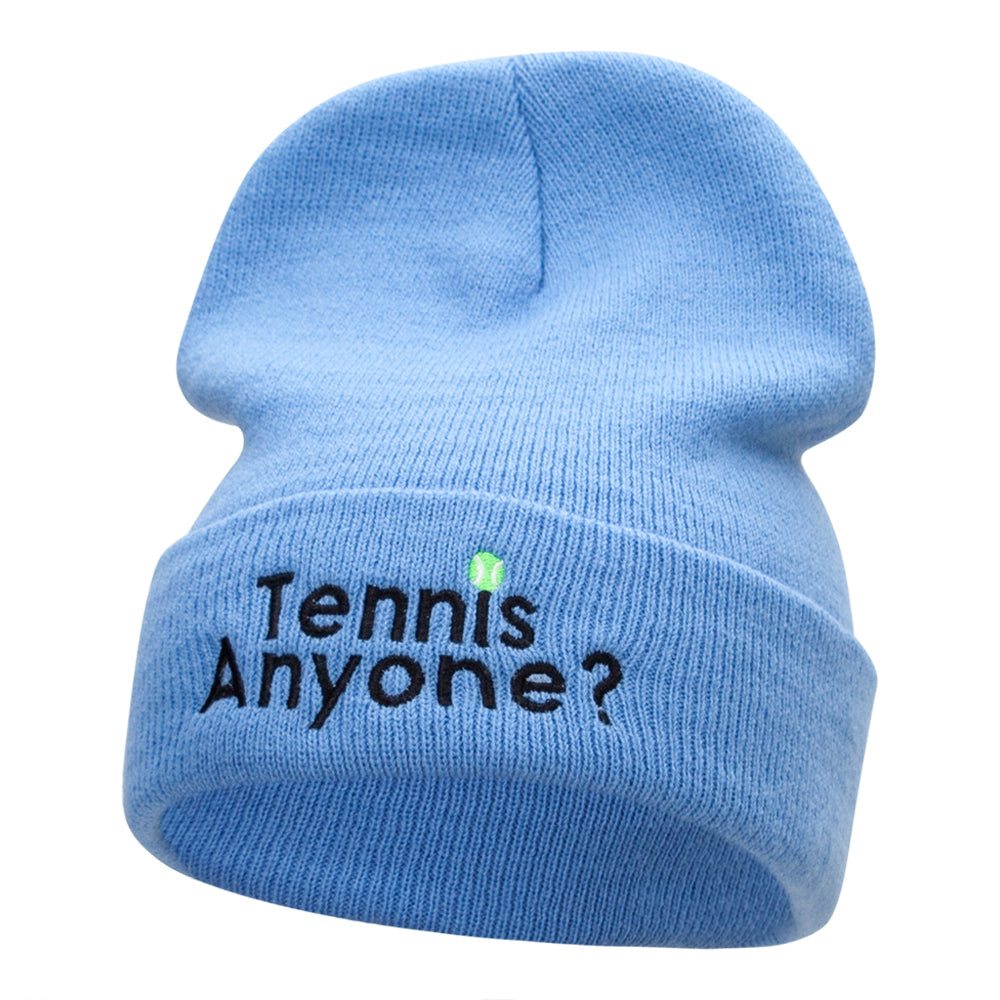 Want To Play Tennis Question Embroidered Long Knitted Beanie - Sky Blue OSFM