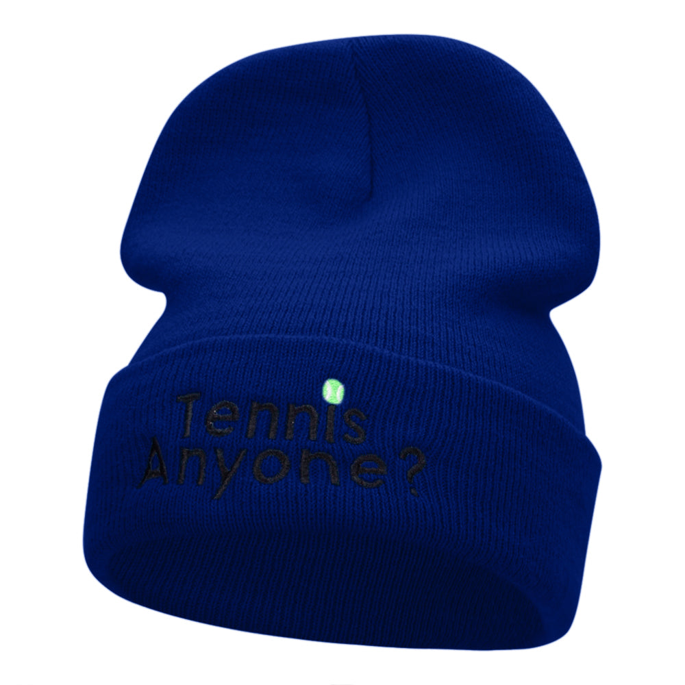 Want To Play Tennis Question Embroidered Long Knitted Beanie - Royal OSFM