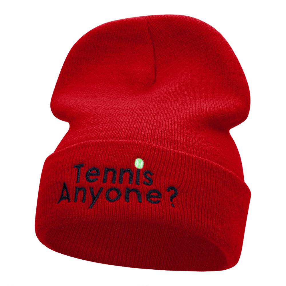 Want To Play Tennis Question Embroidered Long Knitted Beanie - Red OSFM