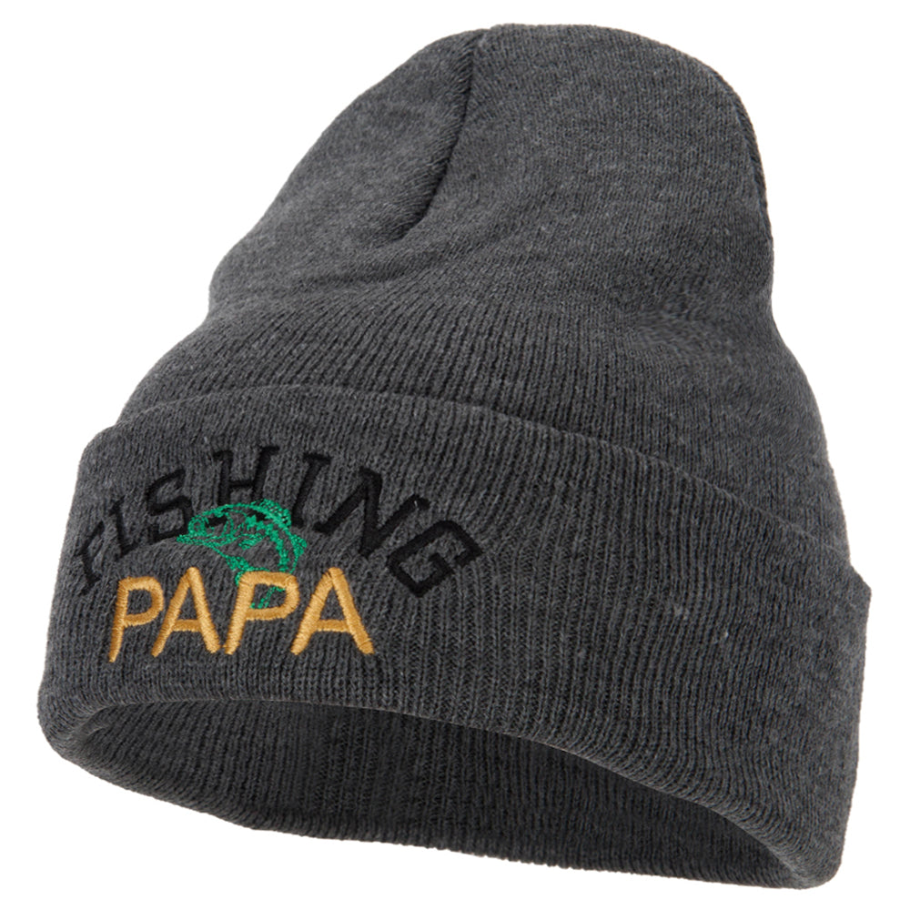 Fishing Papa Design Embroidered 12 Inch Long Knitted Beanie - Dk Grey OSFM