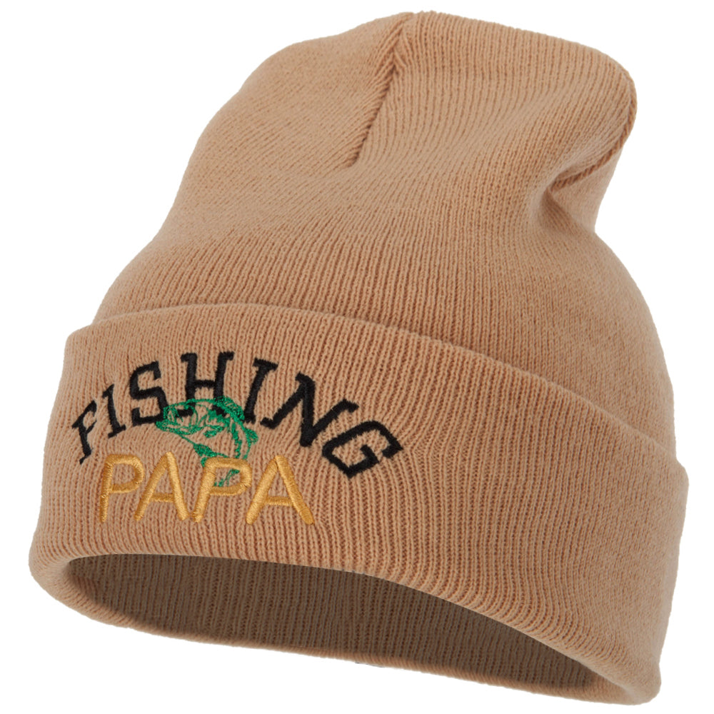 Fishing Papa Design Embroidered 12 Inch Long Knitted Beanie - Khaki OSFM