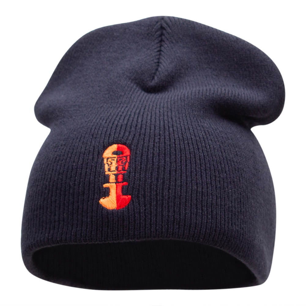 Incan God Statue Embroidered Short Knitted Beanie - Navy OSFM