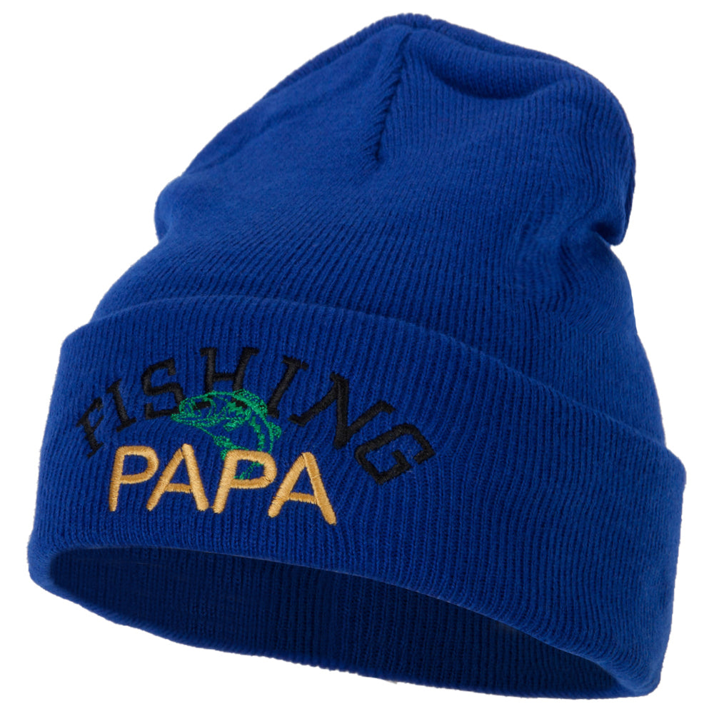 Fishing Papa Design Embroidered 12 Inch Long Knitted Beanie - Royal OSFM