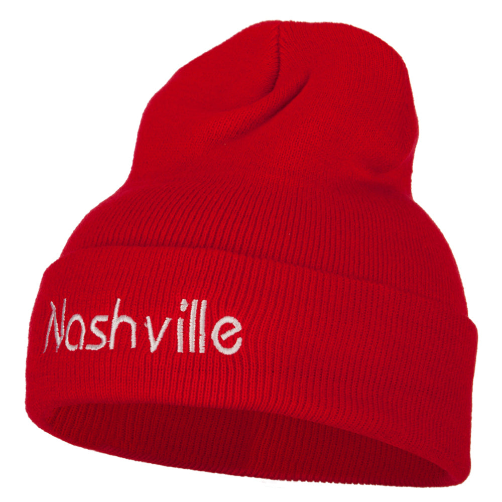 Nashville Embroidered Knitted Long Beanie - Red OSFM