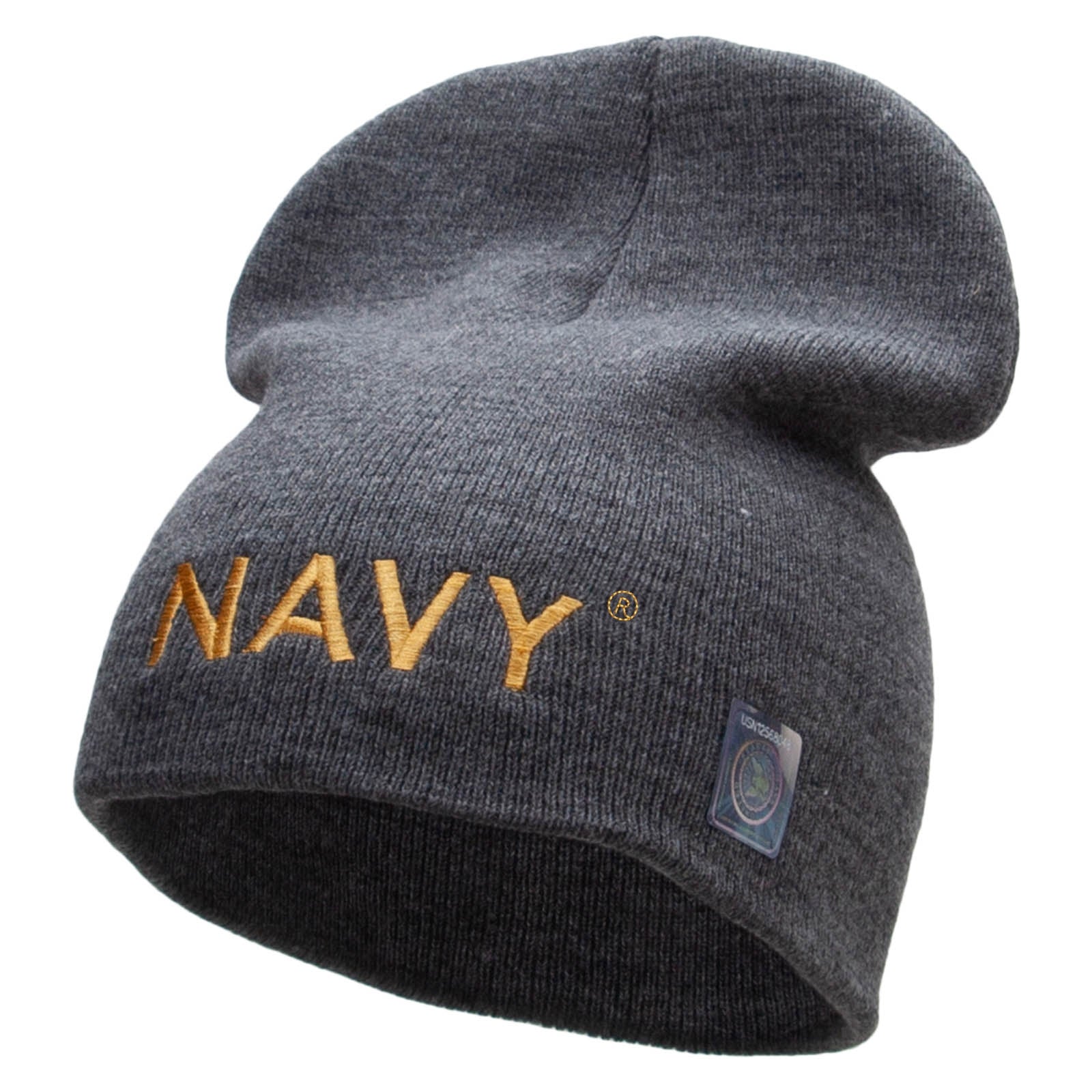 Licensed Navy Military Embroidered Short Beanie Made in USA - Grey OSFM