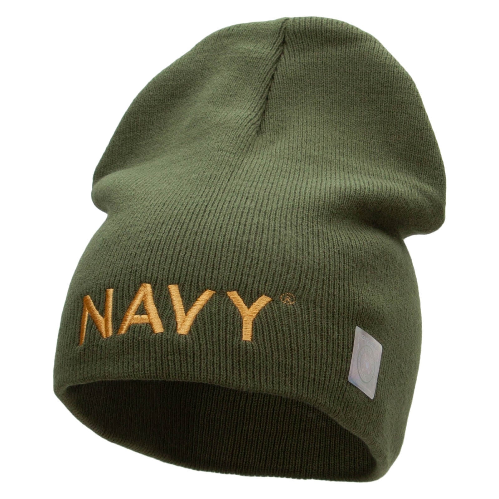 Licensed Navy Military Embroidered Short Beanie Made in USA - Olive OSFM