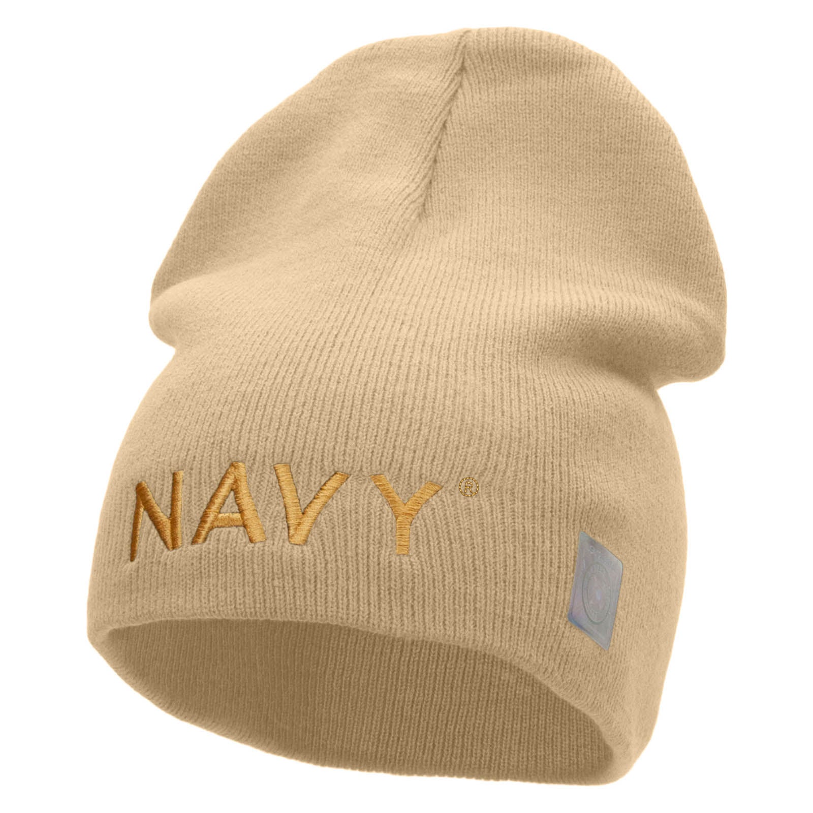 Licensed Navy Military Embroidered Short Beanie Made in USA - Stone OSFM