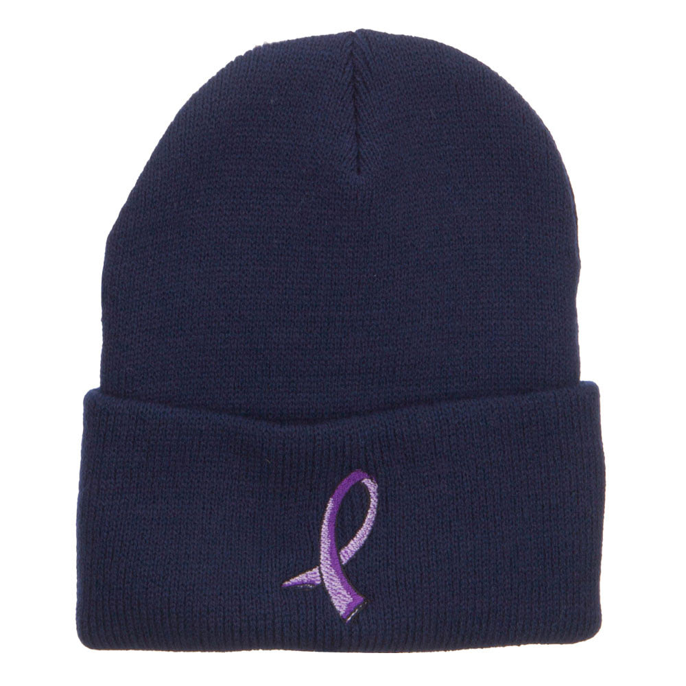 Testicular Cancer Orchid Embroidered Long Beanie - Navy OSFM