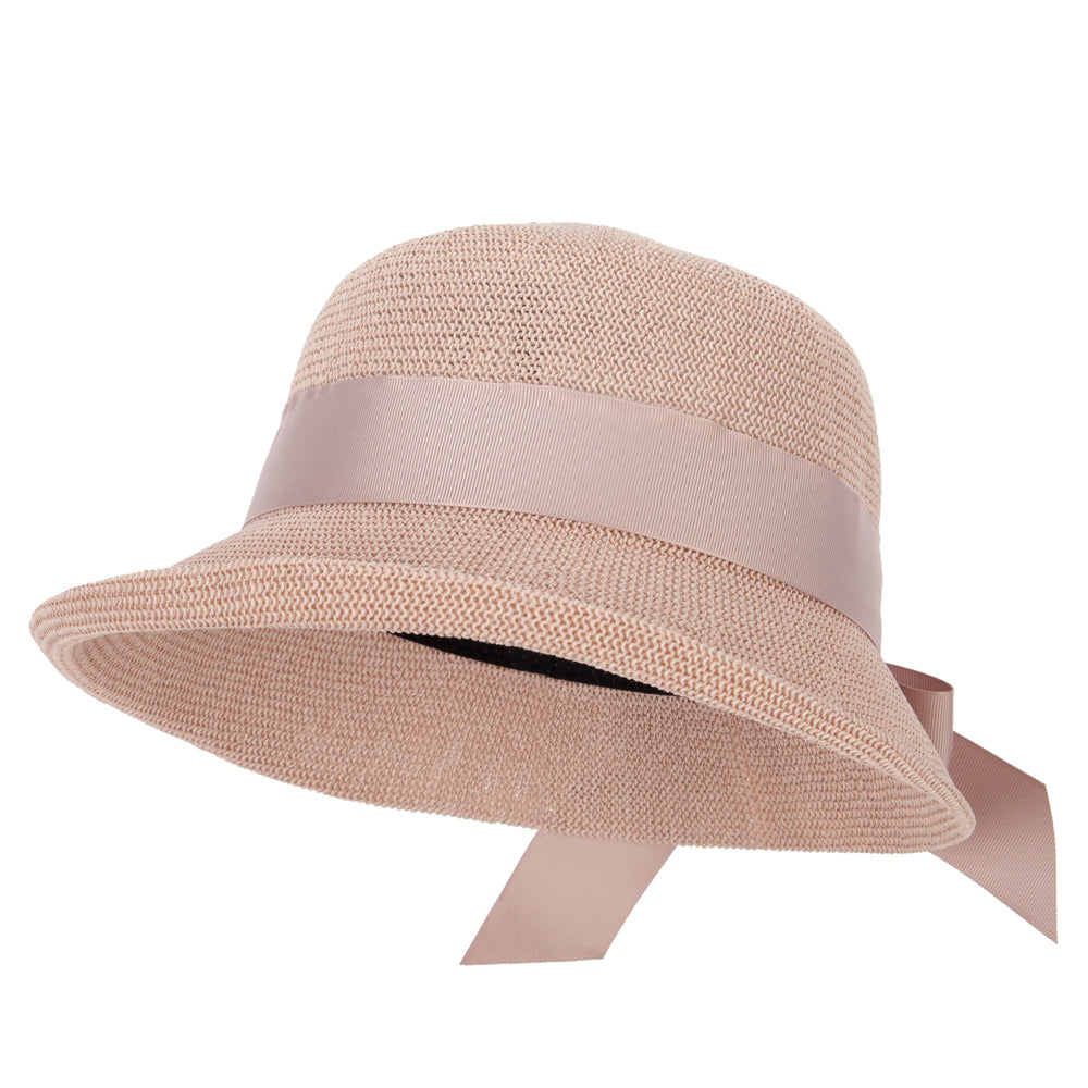 Women&#039;s Paper Woven Turn Up Front Brim Wide Ribbon Cloche Hat - Pink OSFM