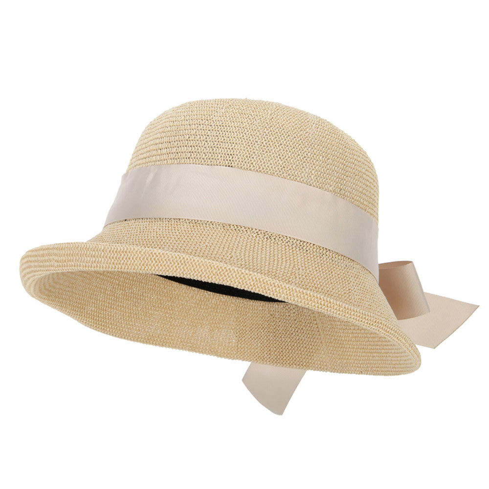 Women&#039;s Paper Woven Turn Up Front Brim Wide Ribbon Cloche Hat - Beige OSFM