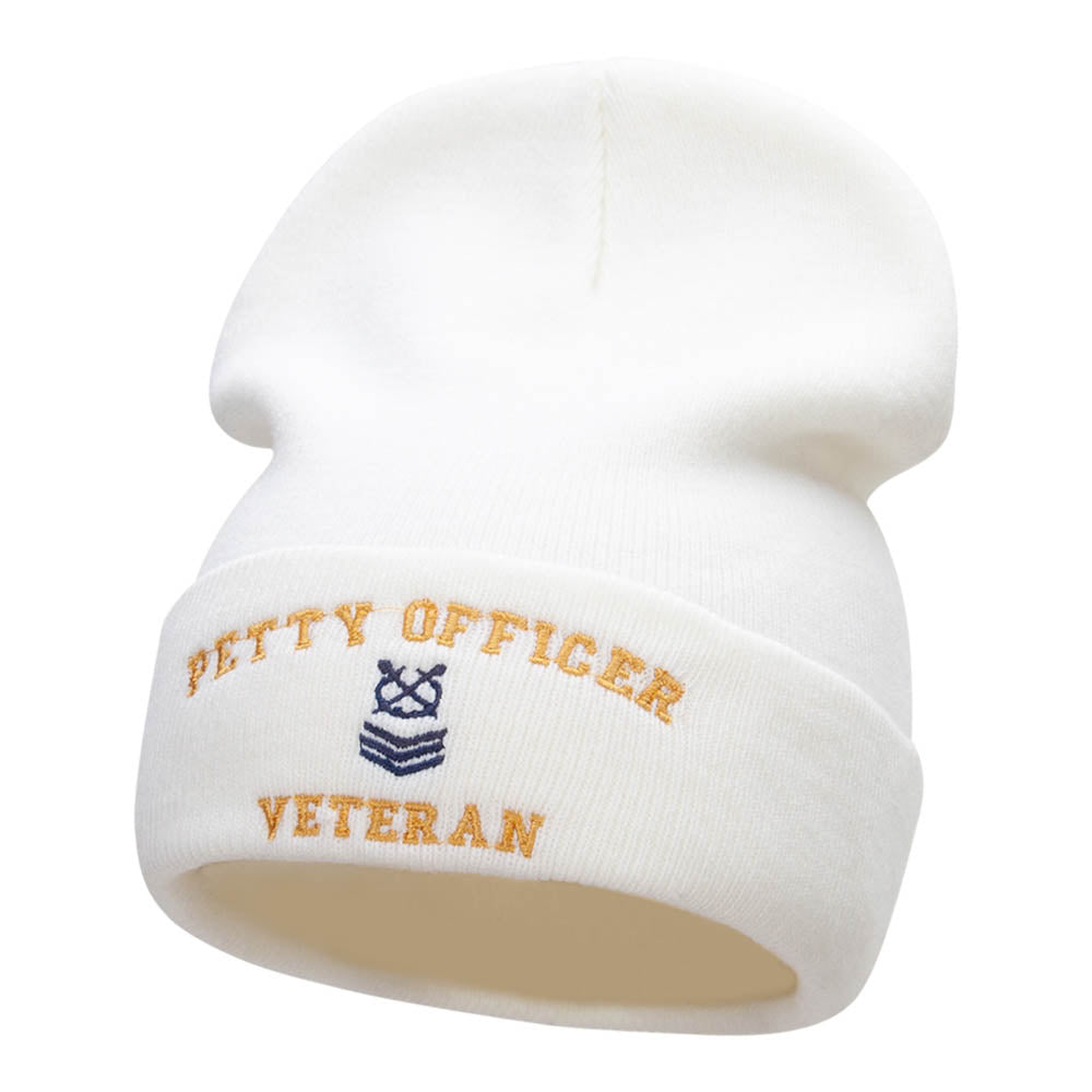 Petty Officer Veteran Embroidered Long Knitted Beanie - White OSFM