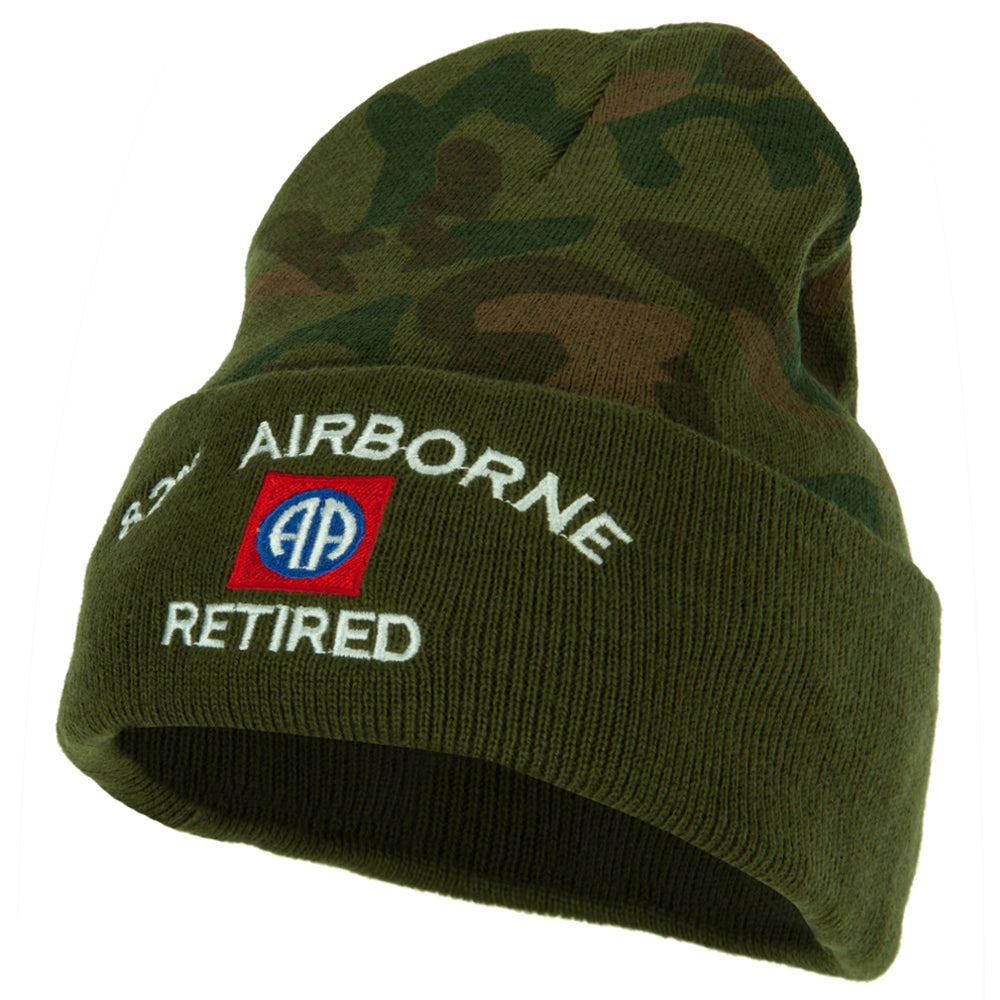 82nd Airborne Retired Logo Embroidered Camo Knit Long Cuff Beanie - Green OSFM