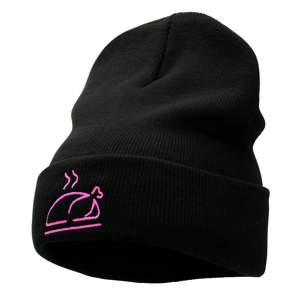 Neon Turkey Embroidered Knitted Long Beanie - Black OSFM