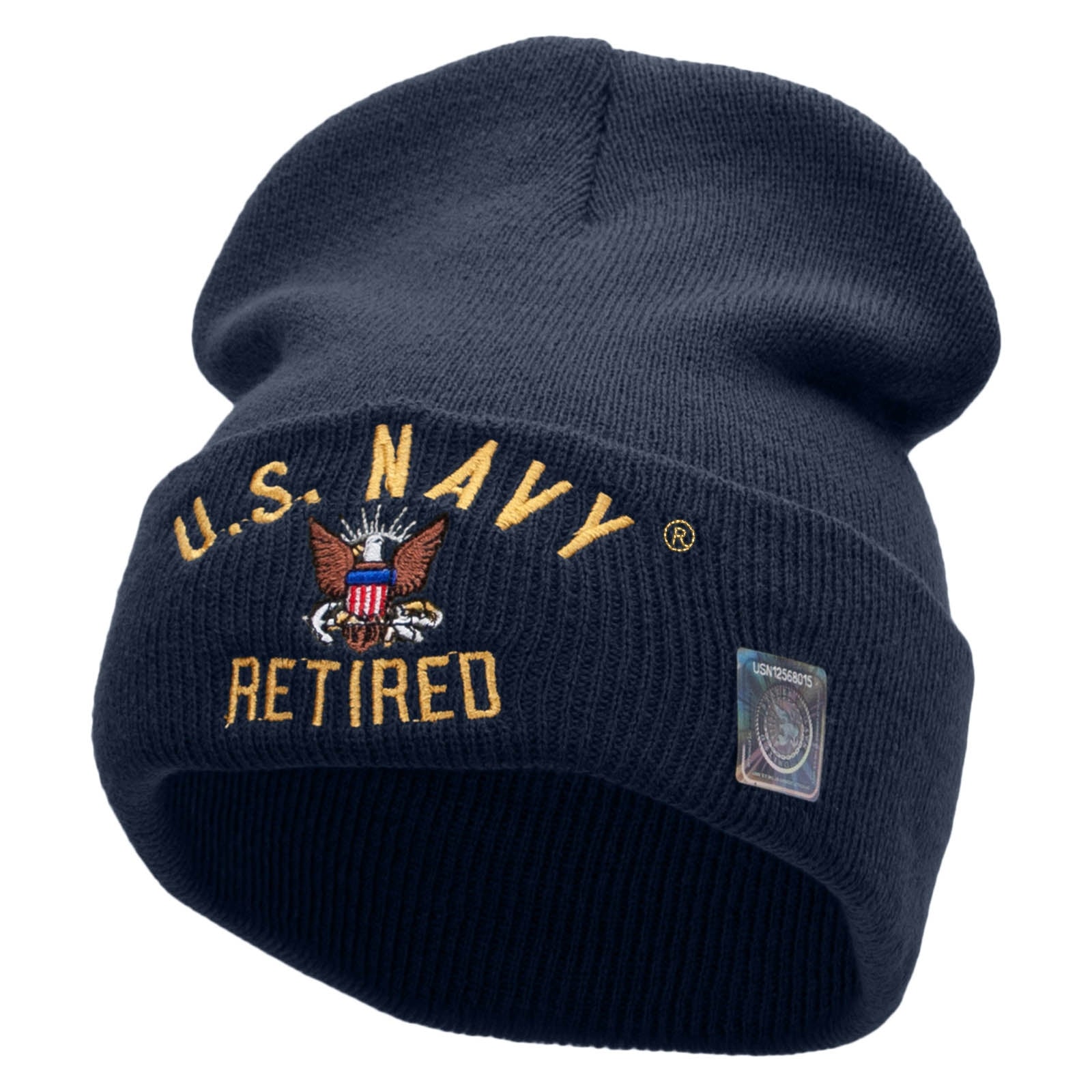 Licensed US Navy Retired Military Embroidered Long Beanie Made in USA - Navy OSFM