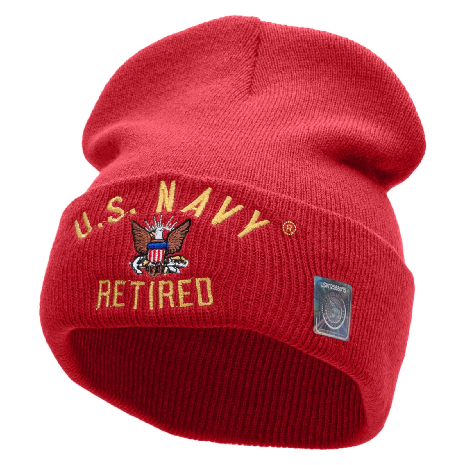 Licensed US Navy Retired Military Embroidered Long Beanie Made in USA - Red OSFM